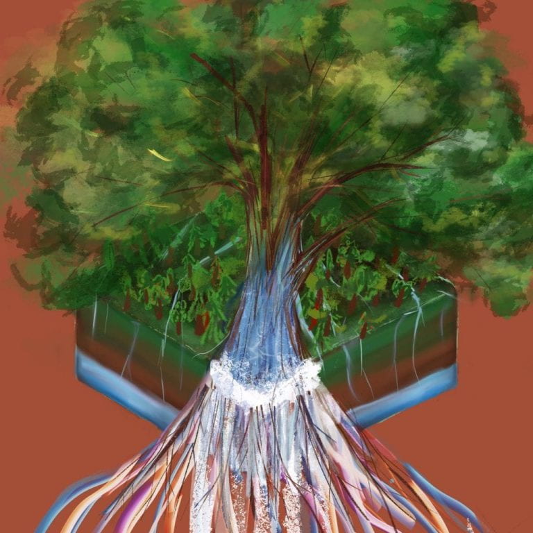 Digital painting of a forest in the background and a single large tree with roots that turn to streams of water in the foreground